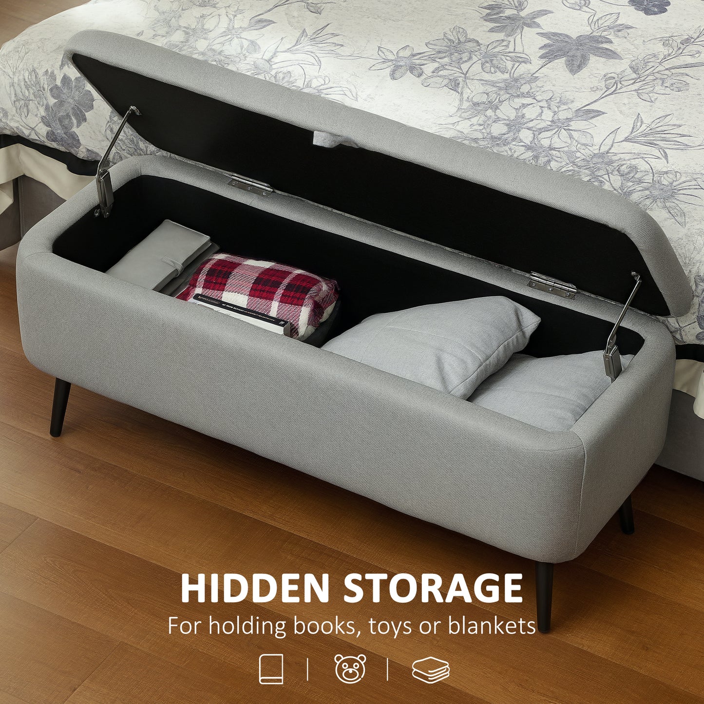 Storage Ottoman Bench, Linen-feel Footstool with Steel Legs, Grey