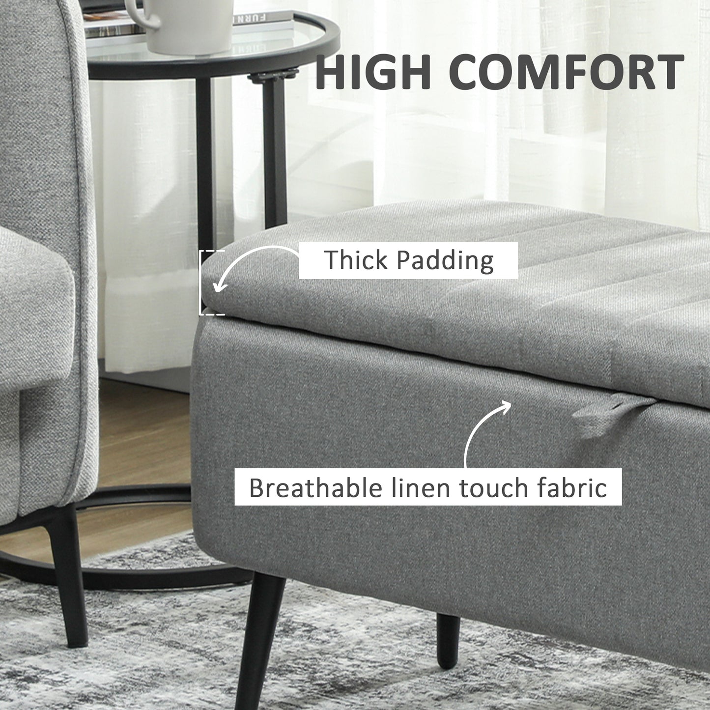 Storage Ottoman Bench, Linen-feel Footstool with Steel Legs, Grey