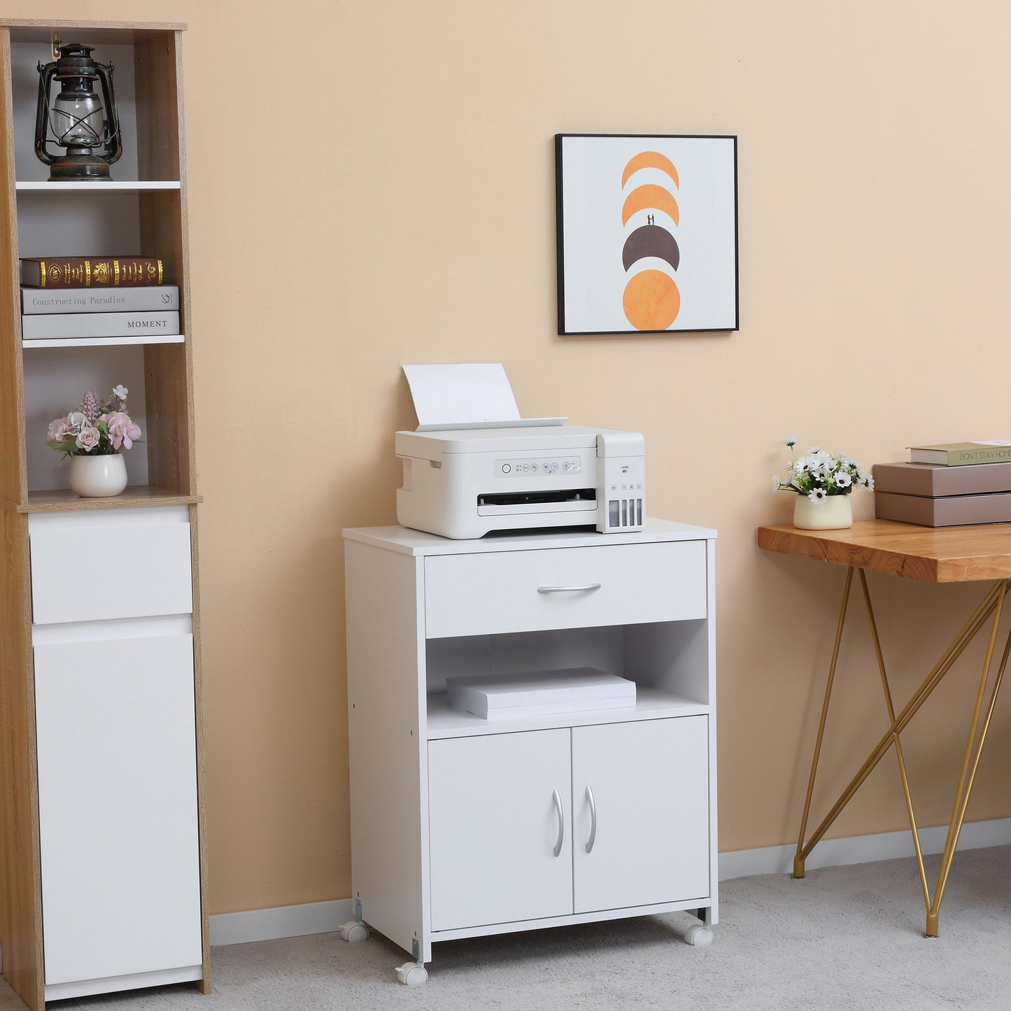 Mobile Printer Stand w/ Storage Shelf Universal Wheels for Home White