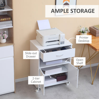 Mobile Printer Stand w/ Storage Shelf Universal Wheels for Home White