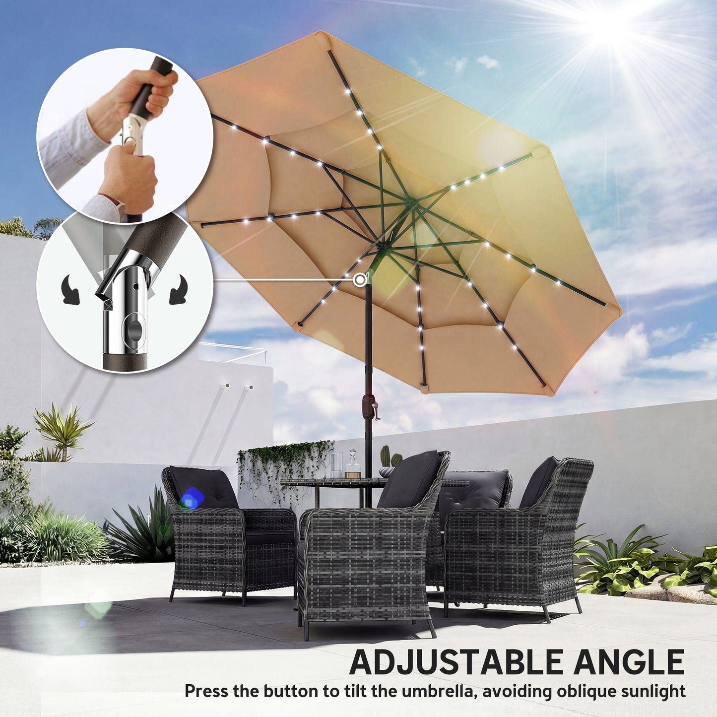2.8 m Garden Parasol Umbrella with Light, Patio Umbrella, Khaki