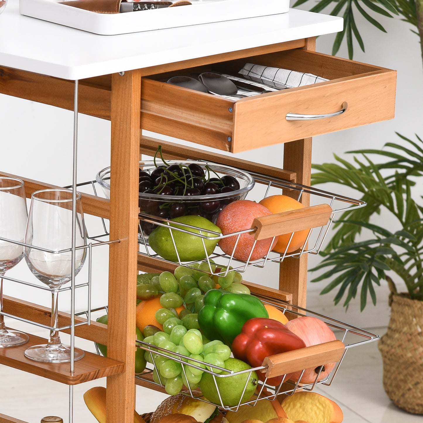 Multi-Use Kitchen Island Trolley Baskets Side Racks Drawer Worktop Brown
