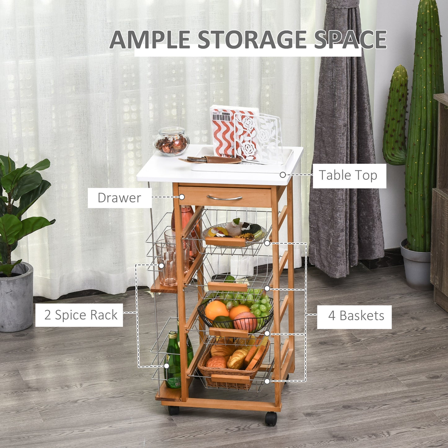 Multi-Use Kitchen Island Trolley Baskets Side Racks Drawer Worktop Brown