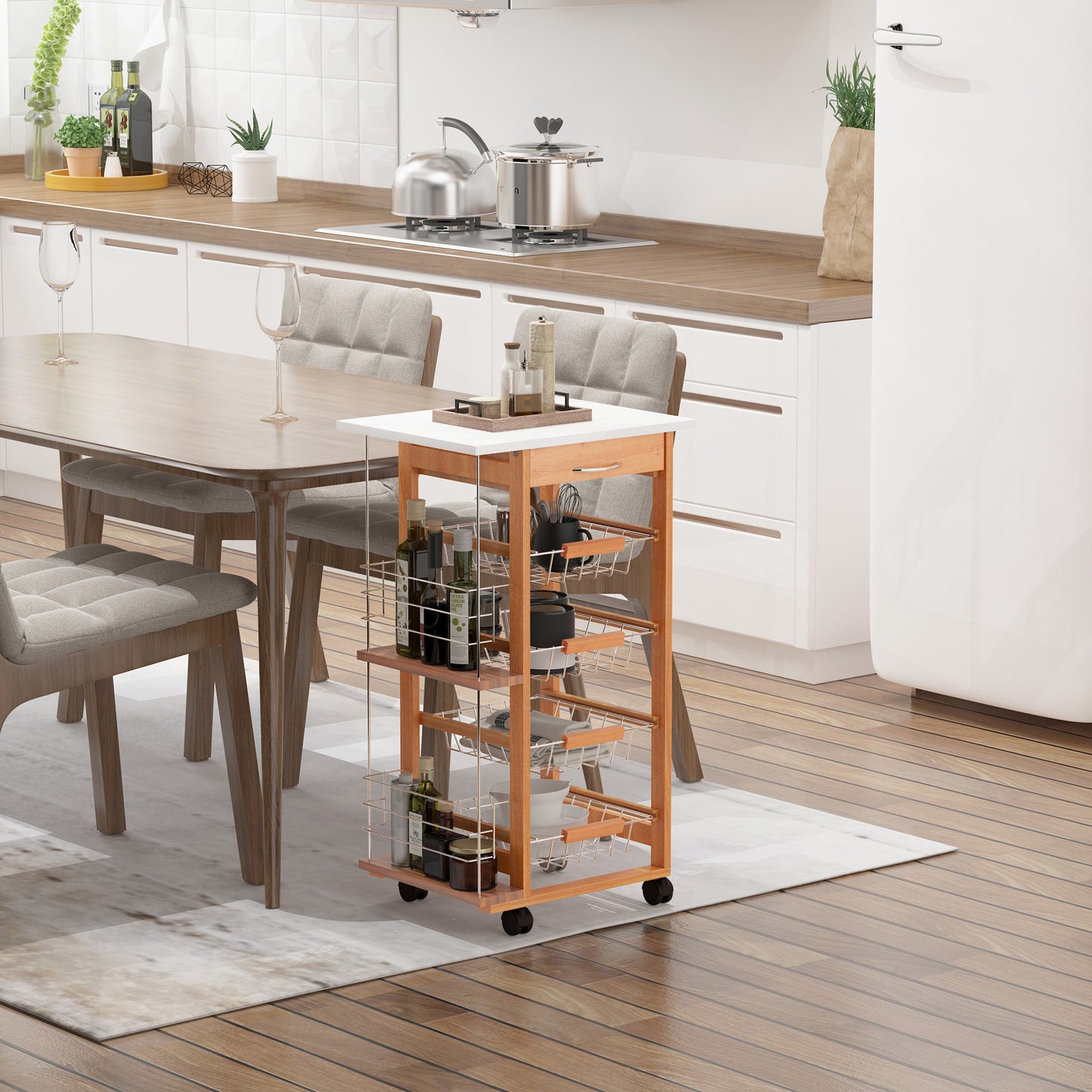Multi-Use Kitchen Island Trolley Baskets Side Racks Drawer Worktop Brown