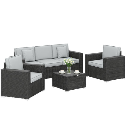 5 Seater Rattan Garden Furniture Set with Wide Armrests, Cushions, Pillows for Patio, Dark Grey