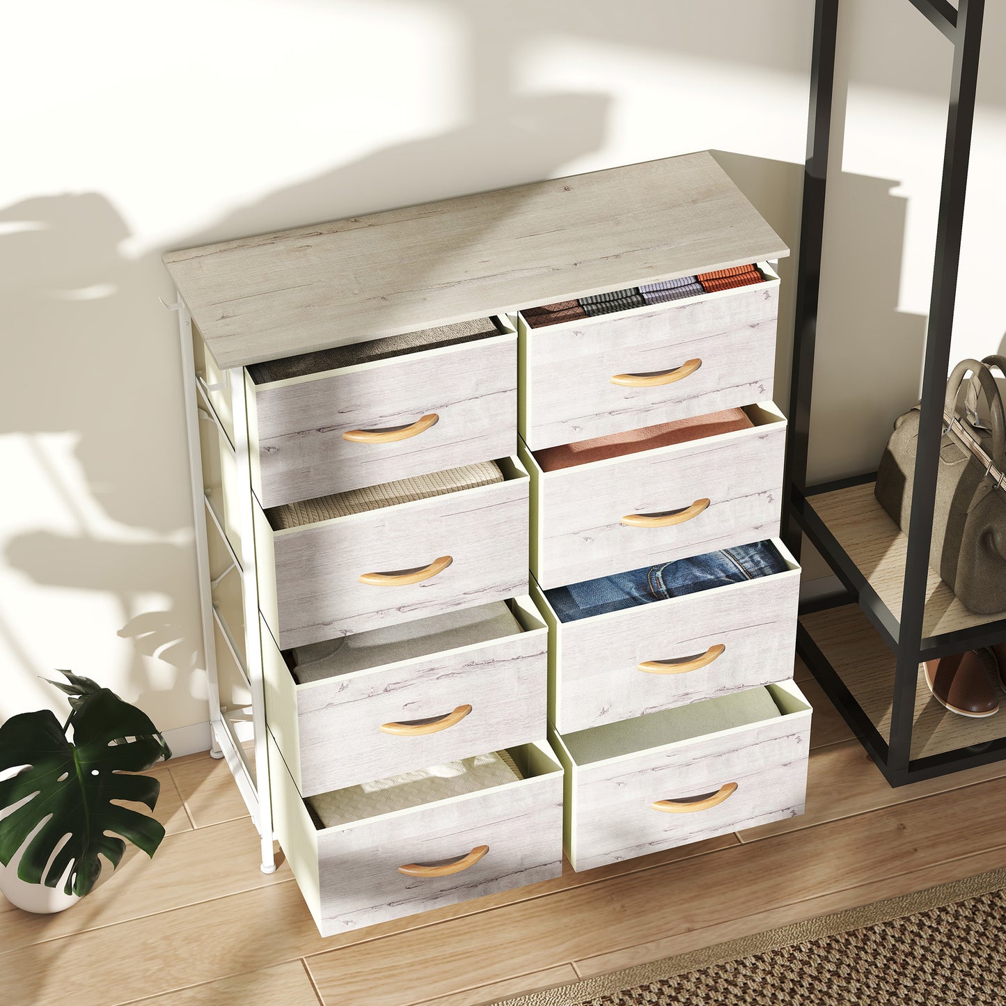 Fabric Chest of Drawers, 8 Drawer Dresser for Bedroom, Natural Wood