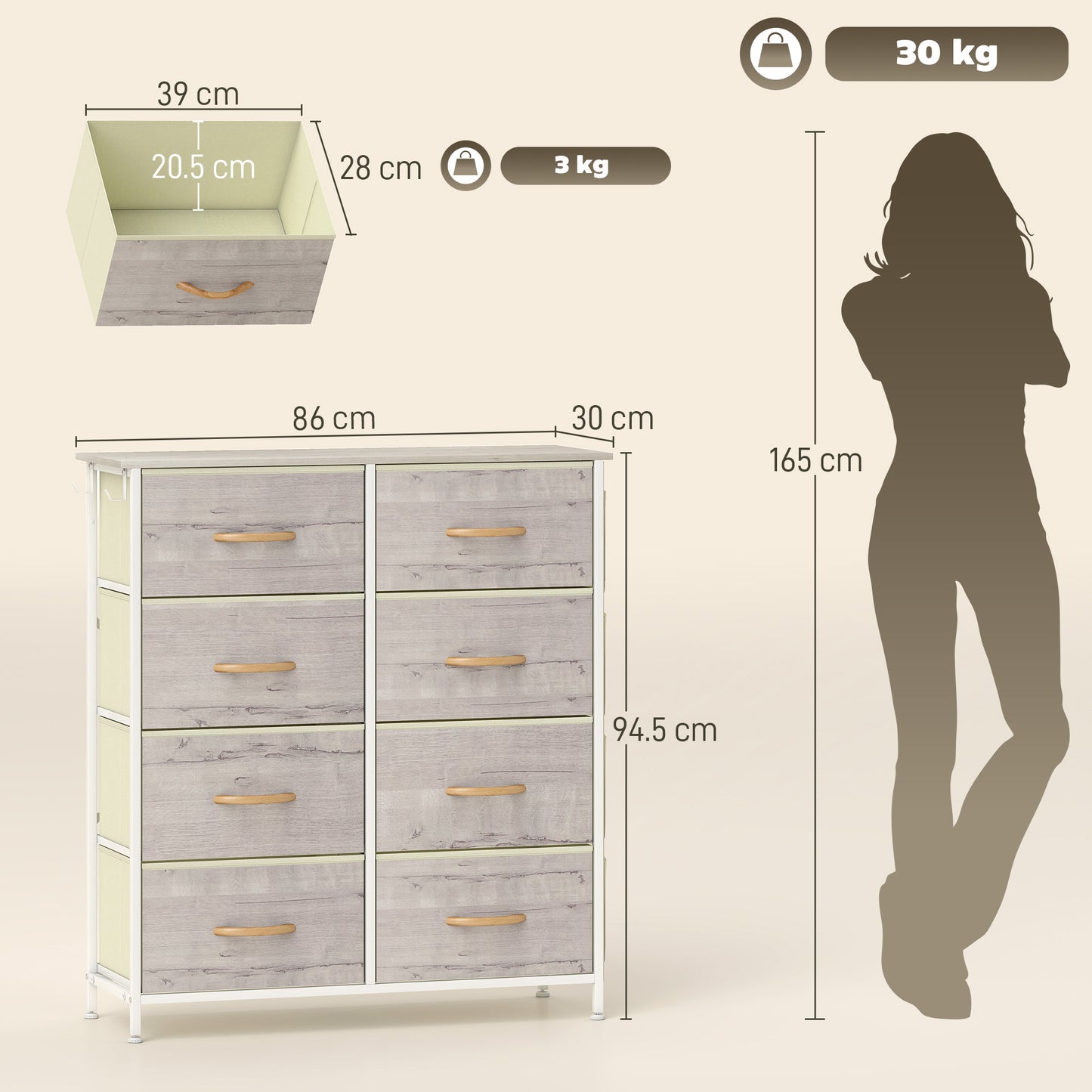 Fabric Chest of Drawers, 8 Drawer Dresser for Bedroom, Natural Wood