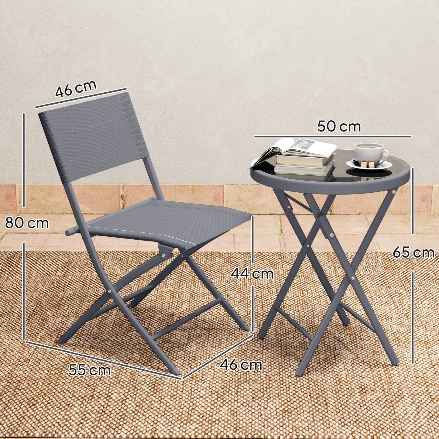 3 Pieces Outdoor Bistro Set, Glass Top Table and Chairs, Grey