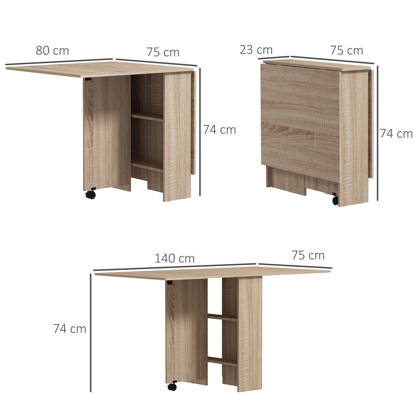 Mobile Drop Leaf Dining Table, Folding Desk with 2 Wheels, Natural