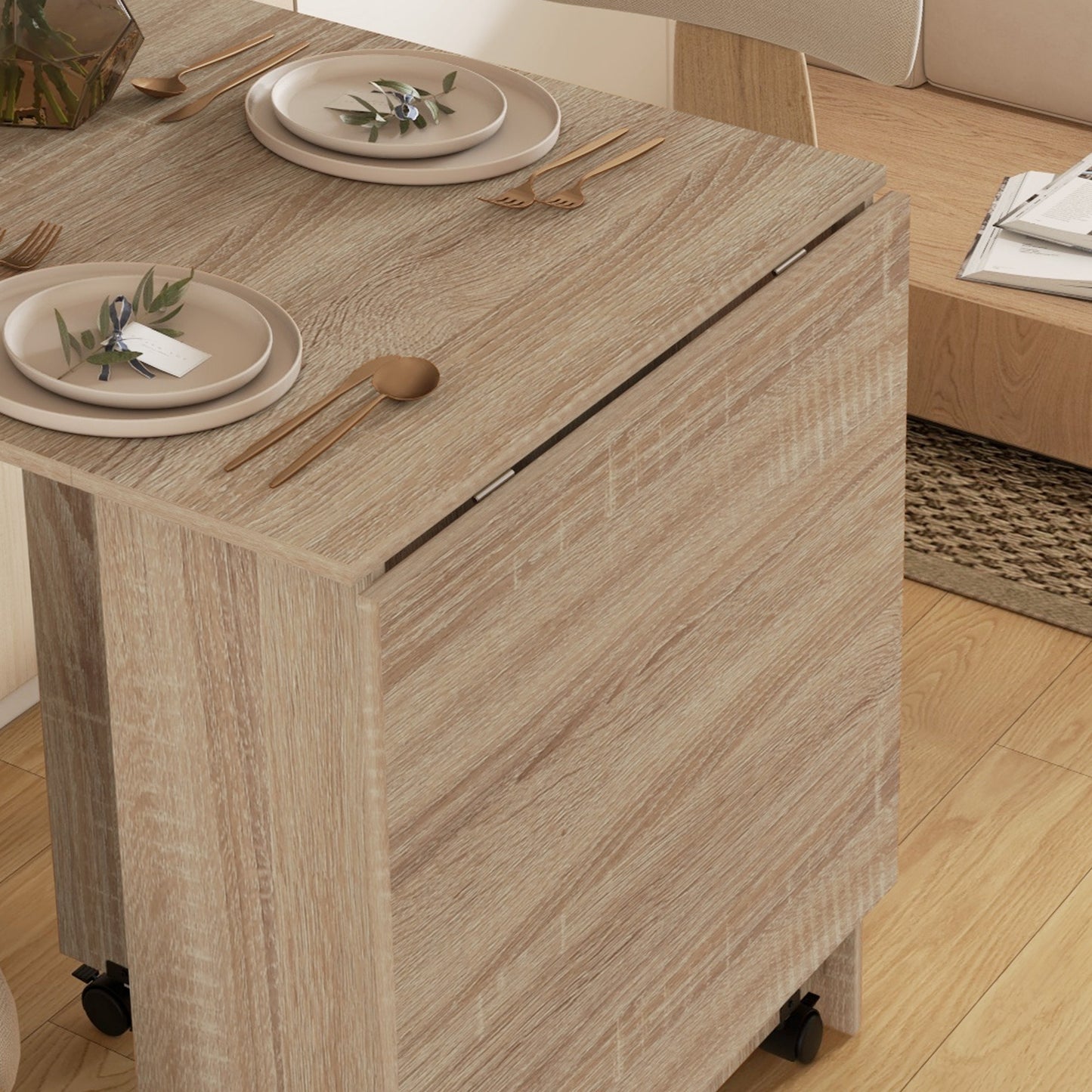 Mobile Drop Leaf Dining Table, Folding Desk with 2 Wheels, Natural