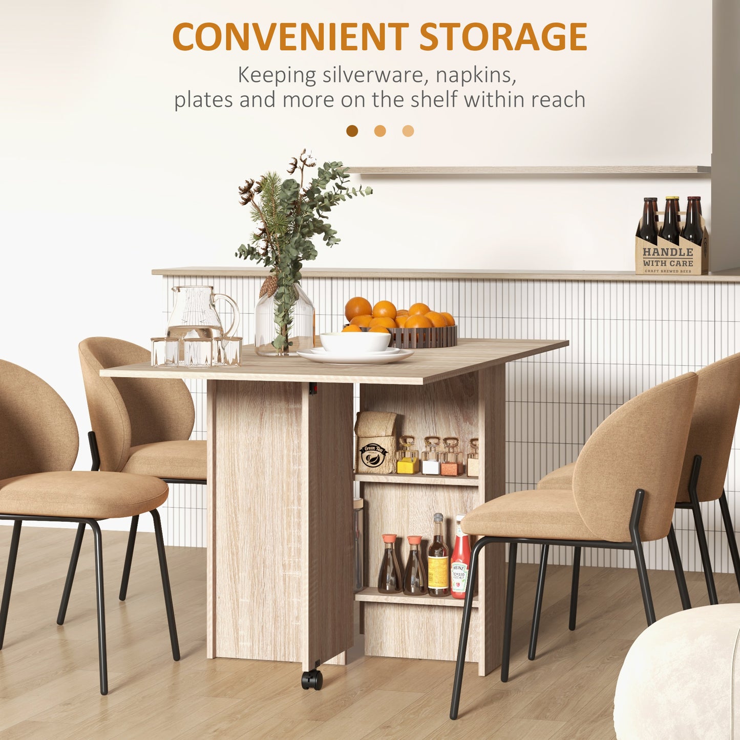 Mobile Drop Leaf Dining Table, Folding Desk with 2 Wheels, Natural