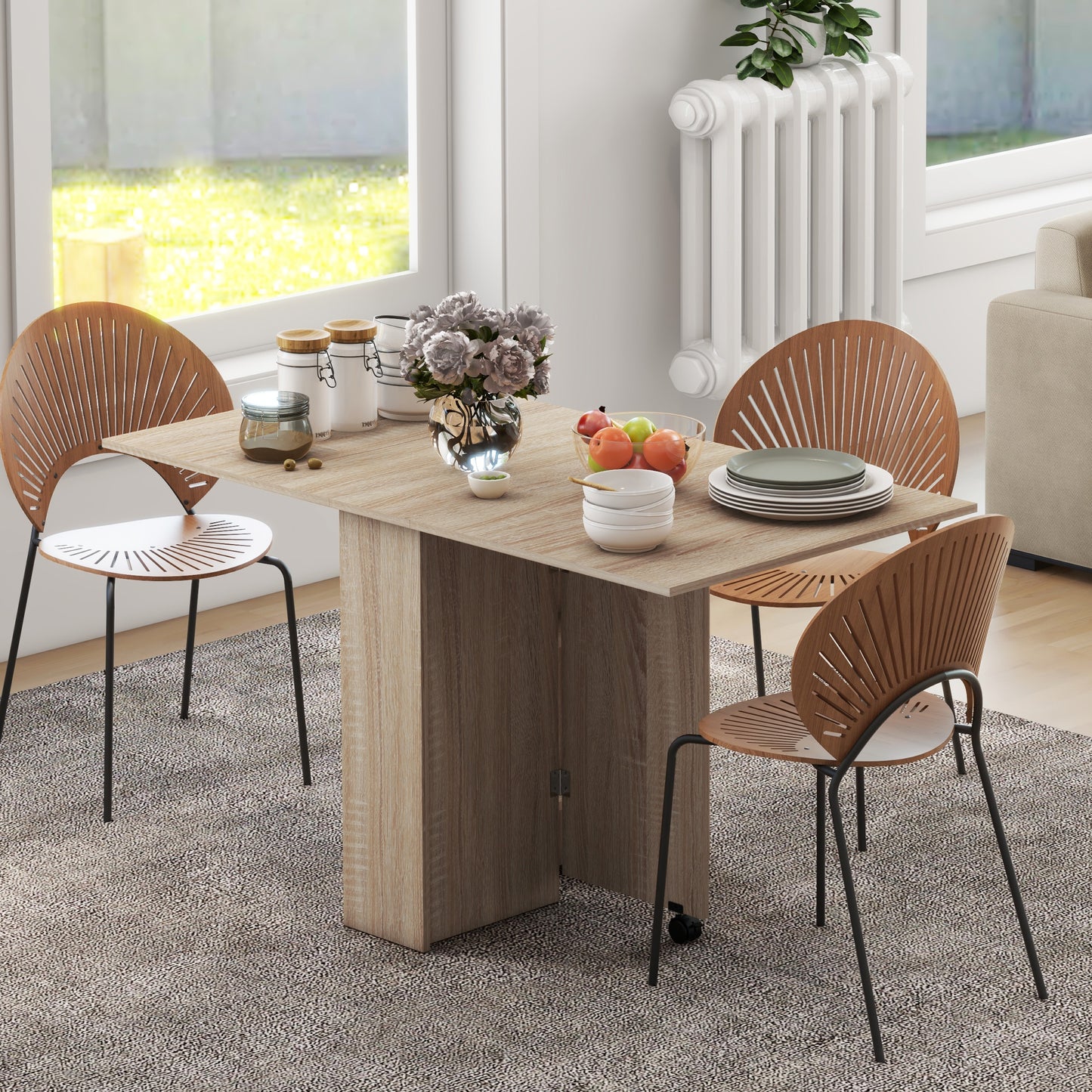 Mobile Drop Leaf Dining Table, Folding Desk with 2 Wheels, Natural