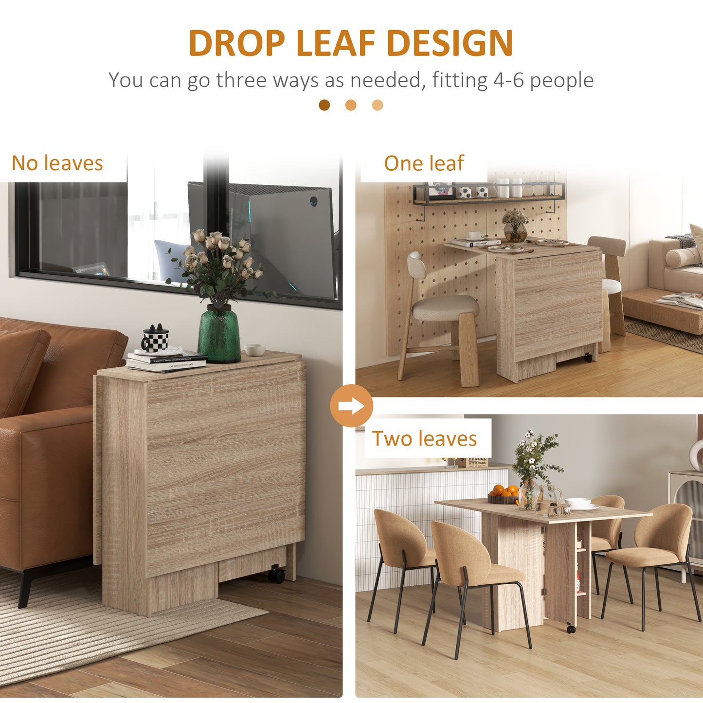 Mobile Drop Leaf Dining Table, Folding Desk with 2 Wheels, Natural