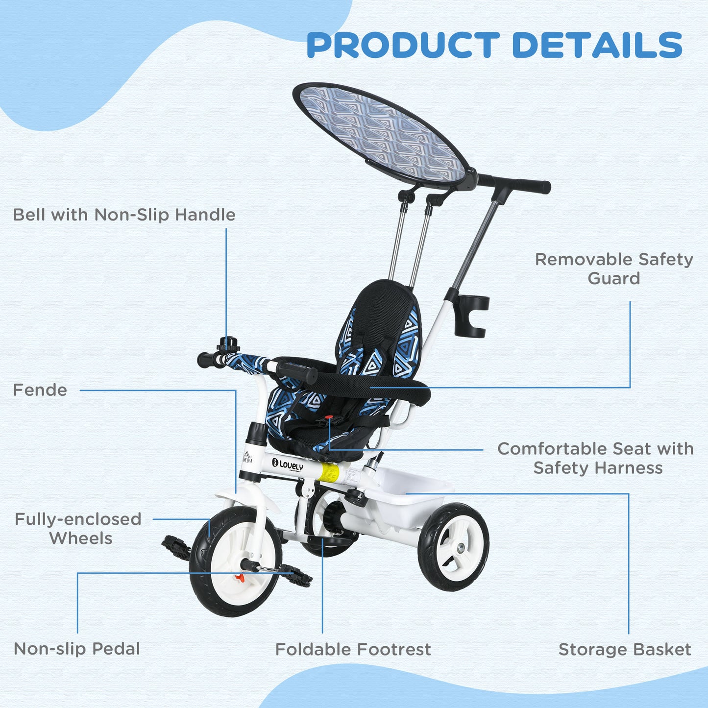 6 in 1 Kids Tricycle w/ Removable Handle for 1.5+ year, Blue