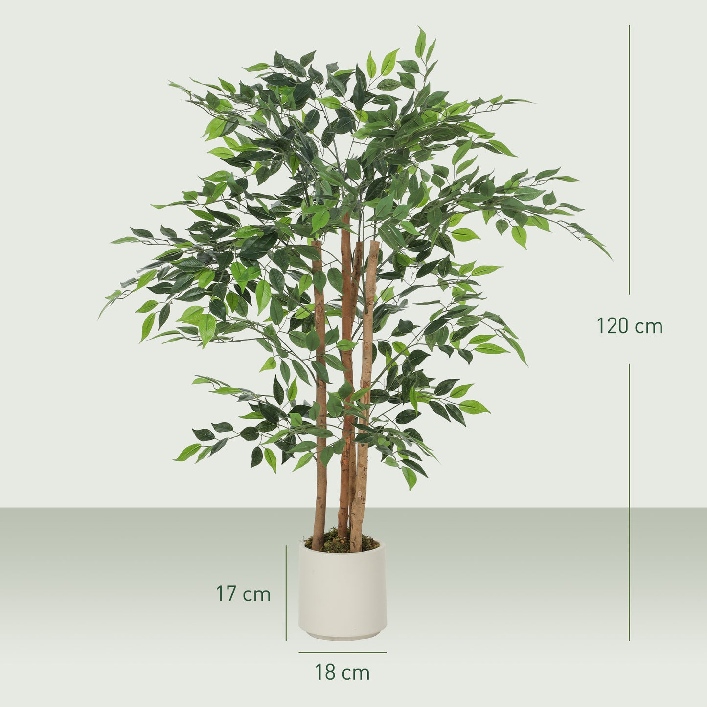 120cm Artificial Ficus Tree, Decorative Artificial Plant with Solid Wood Trunk and Pot for Indoor Living Room Home Office Decor, Green