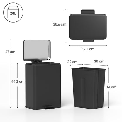 Pedal Bin with Soft-Close Lid, 20L Kitchen Bin for Home, Matte Black