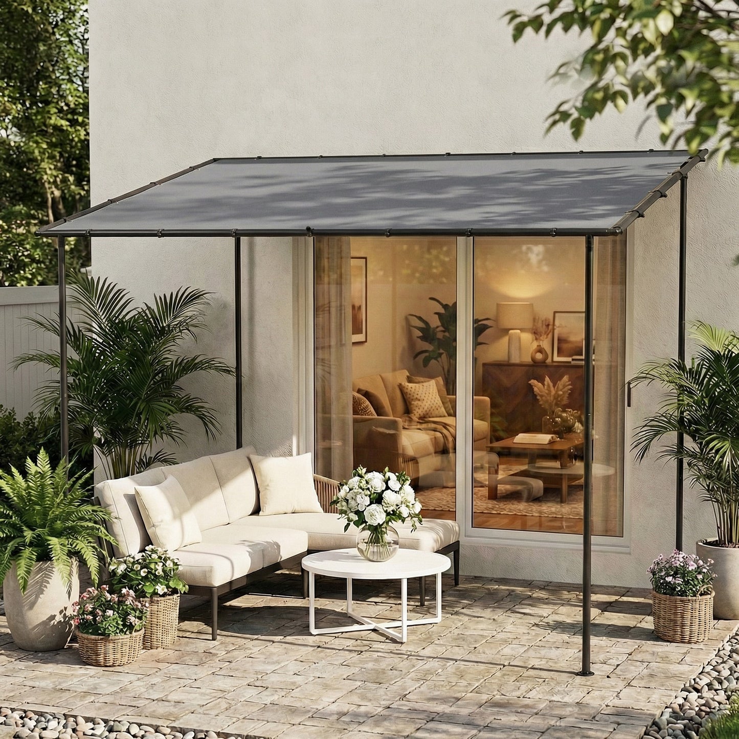 3 x 2 m Lean to Garden Pergola, Metal Frame Gazebo Pergola, Grey