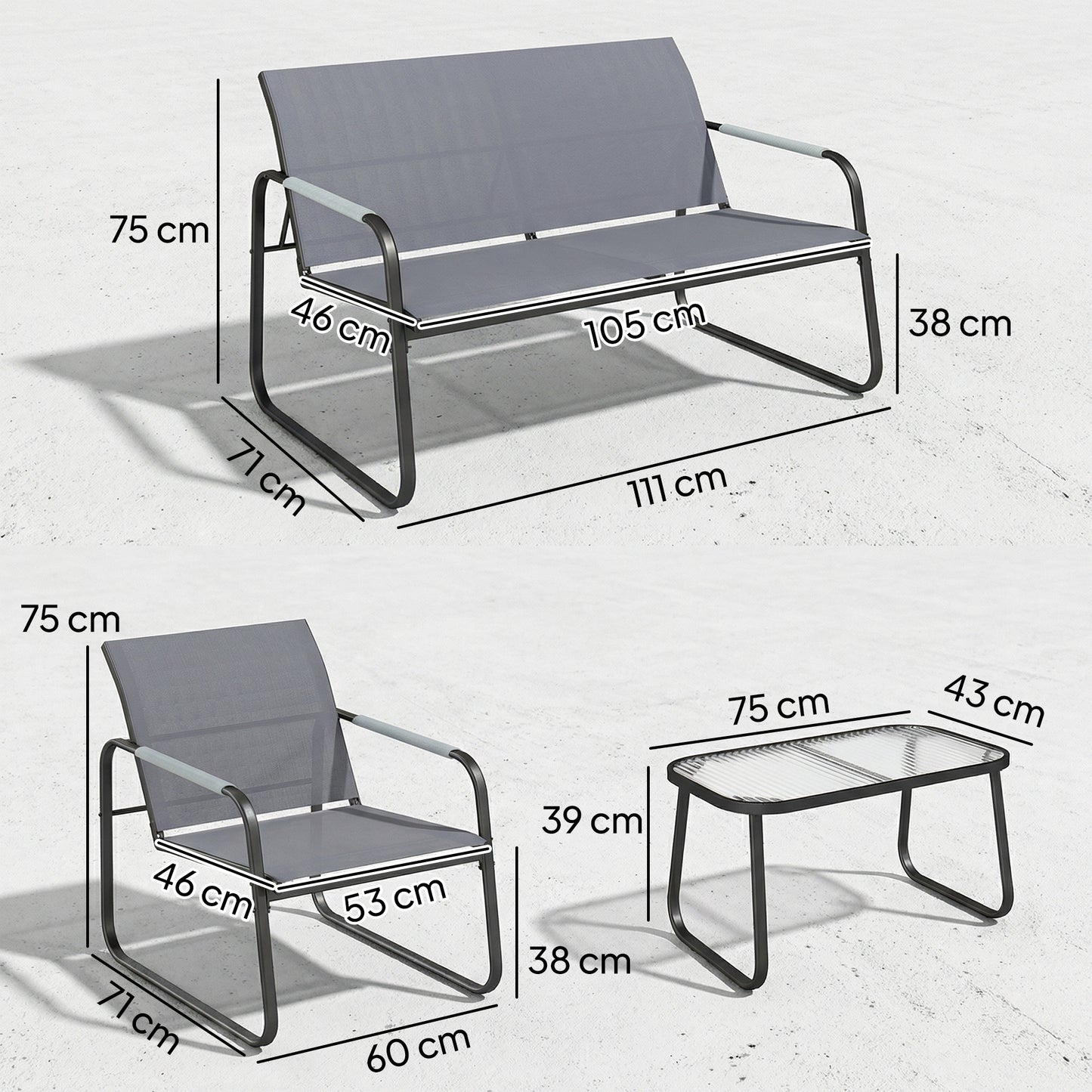 Garden Sofa Set with Loveseat, 2 Armchairs, Tempered Glass Table