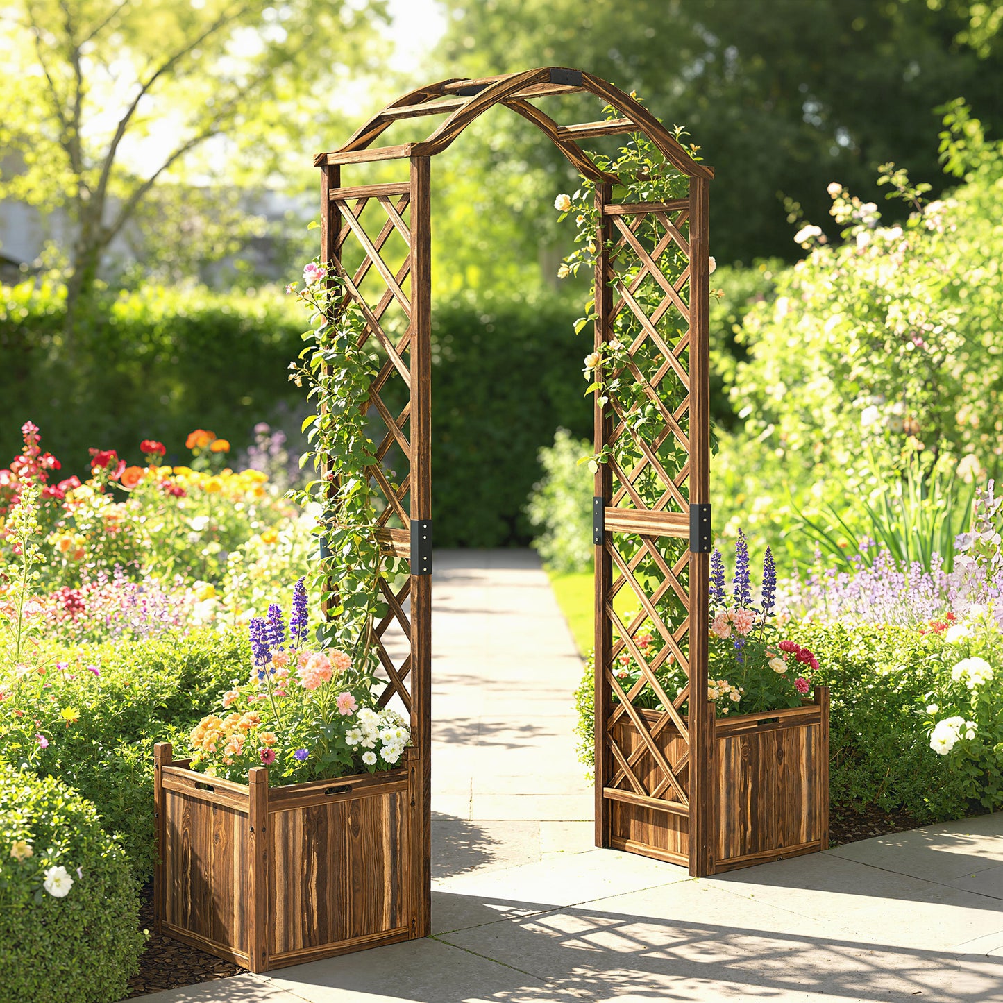 Wooden Garden Arch with 2 Planter Boxes, Decorative Garden Arbor