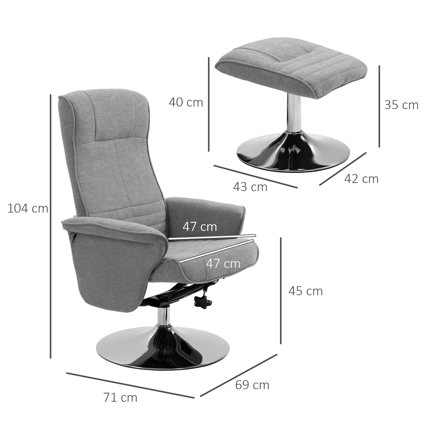 Upholstered Swivel Recliner Armchair with Ottoman, Grey