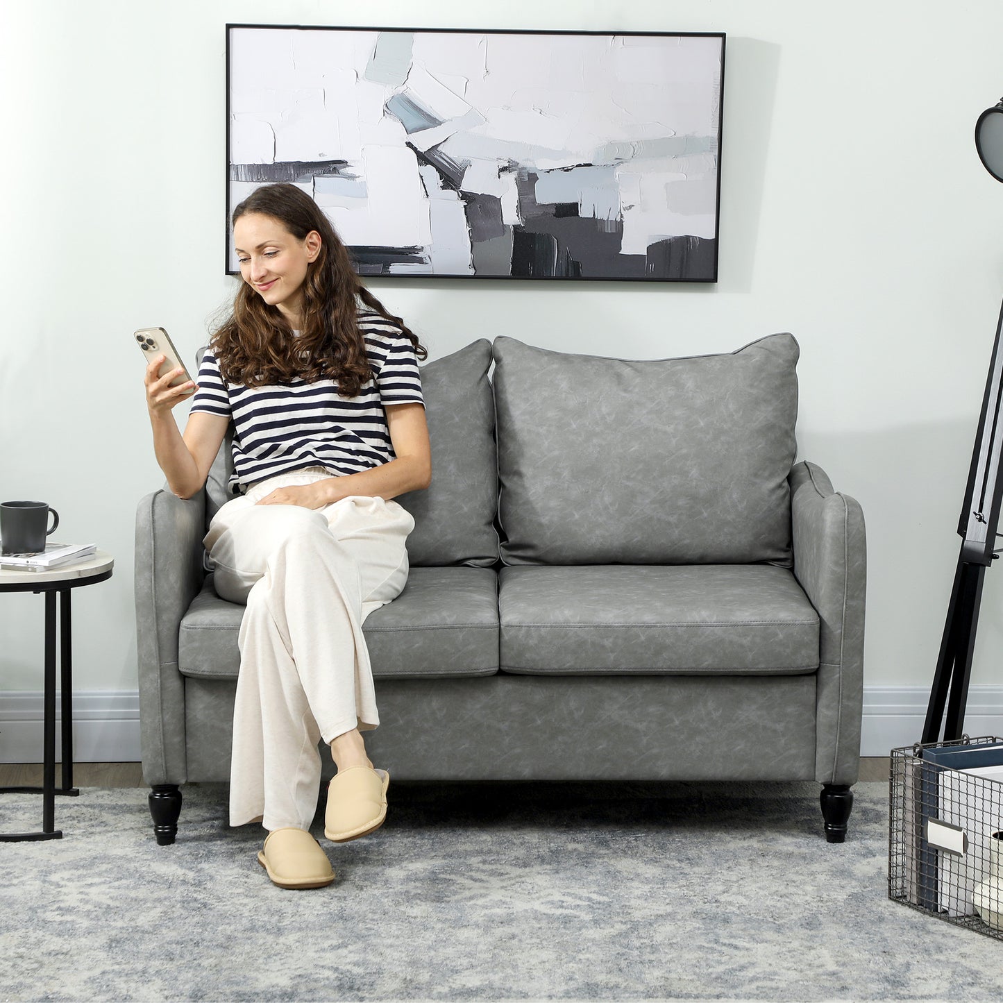 Two-Seater Sofa, Modern Small Sofa with Solid Wood Legs, Grey