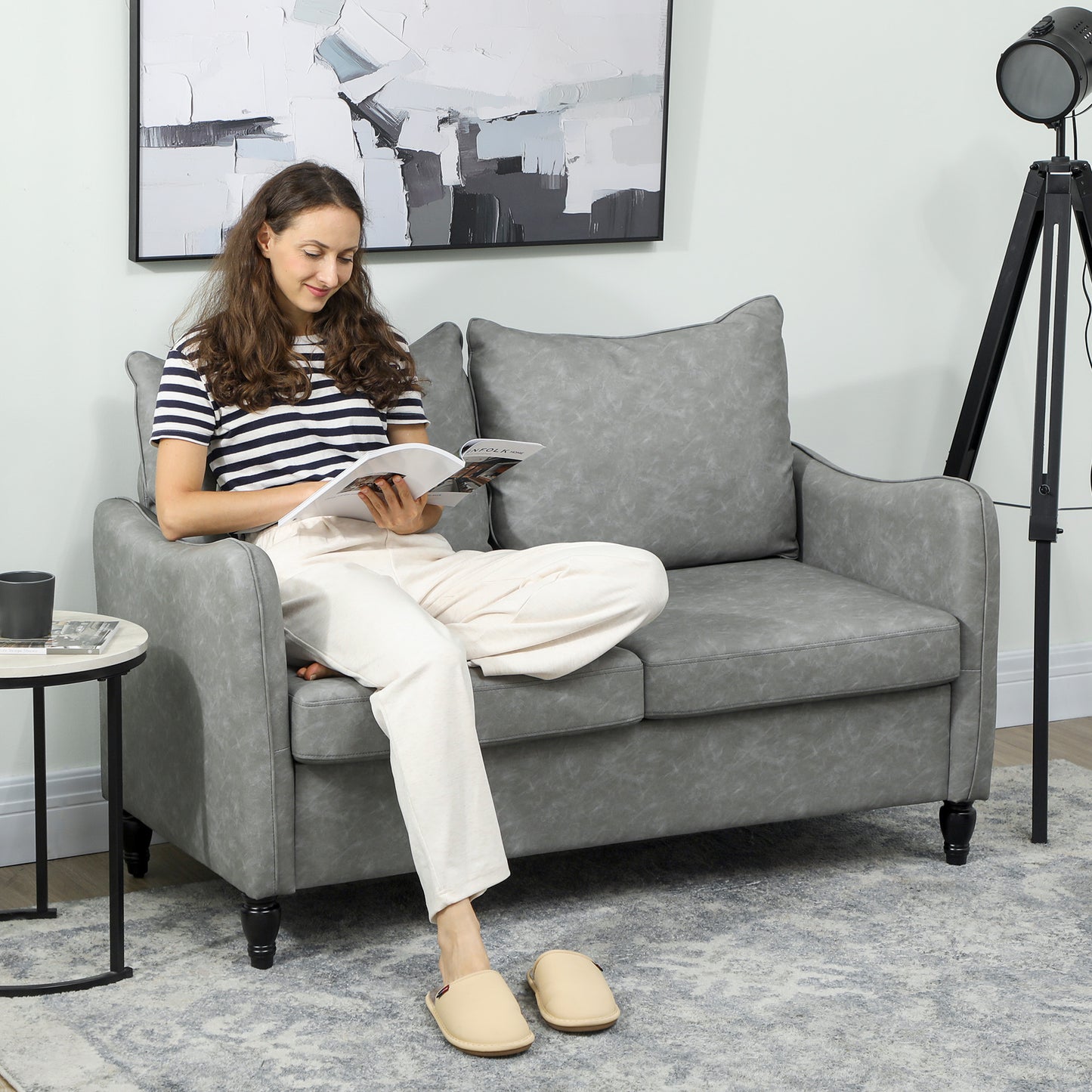 Two-Seater Sofa, Modern Small Sofa with Solid Wood Legs, Grey