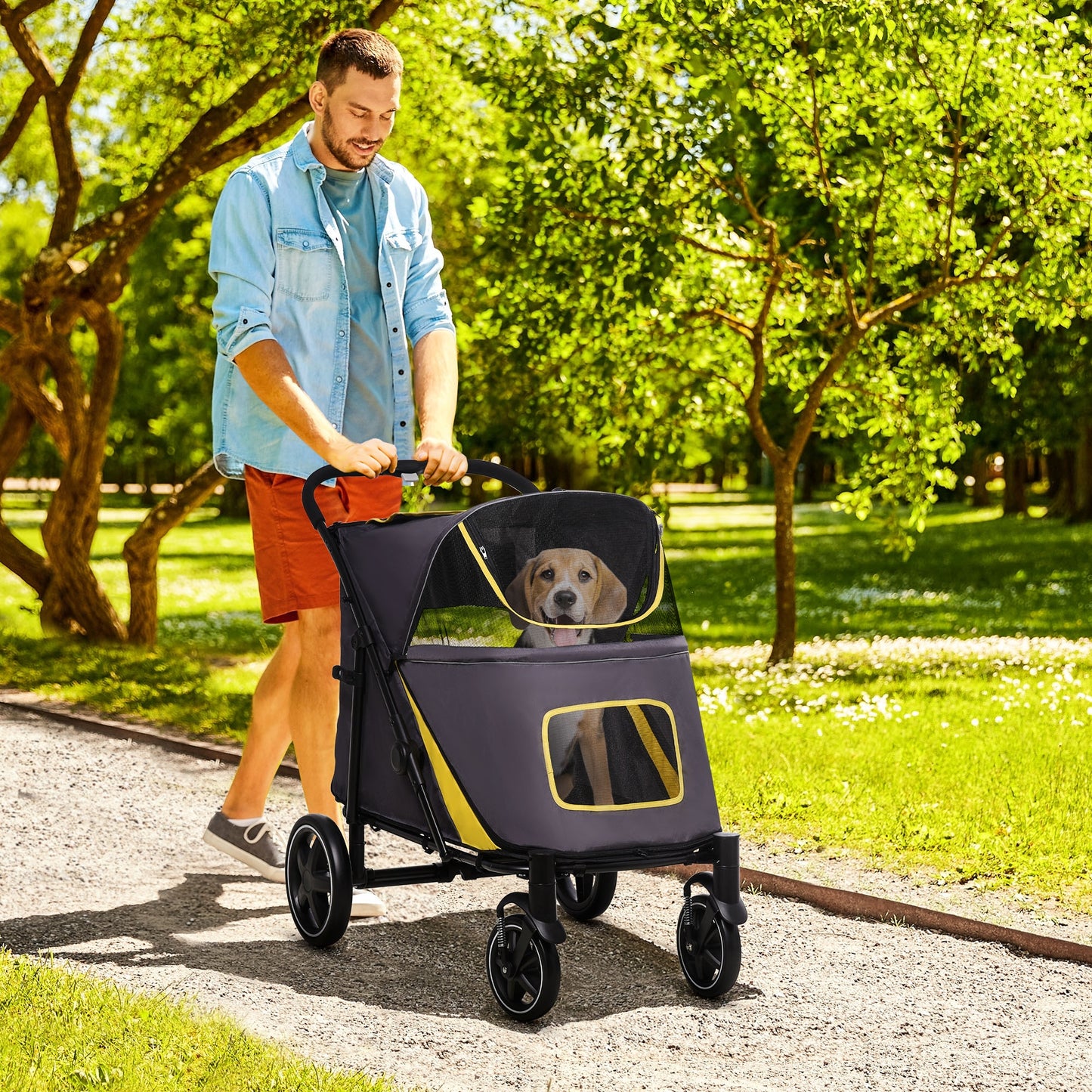 Pet Stroller with Universal Front Wheels, Shock Absorber, One Click Foldable Dog Cat Carriage with Brakes, Storage Bags, Mesh Window Grey
