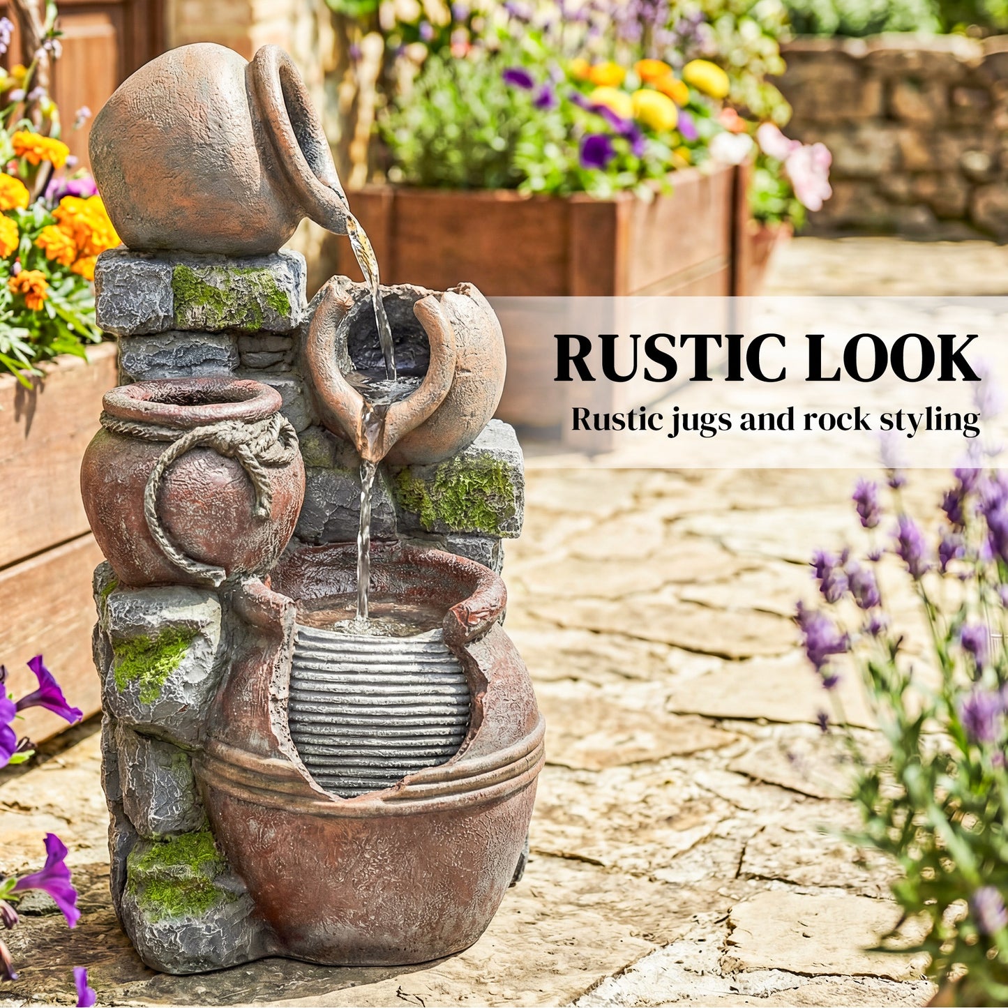 Outdoor Fountain with LED Lights, 4-Tier Garden Fountain