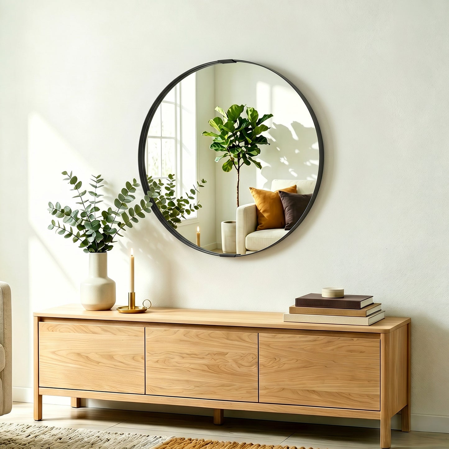 Round Wall Mirror 61 cm, Wall Mounted Bathroom Mirror with Tempered Safety Glass and Aluminium Alloy Frame for Living Room, Bedroom, Entryway, Home, Black