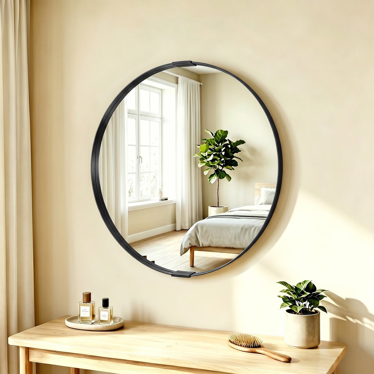 Round Wall Mirror 61 cm, Wall Mounted Bathroom Mirror with Tempered Safety Glass and Aluminium Alloy Frame for Living Room, Bedroom, Entryway, Home, Black
