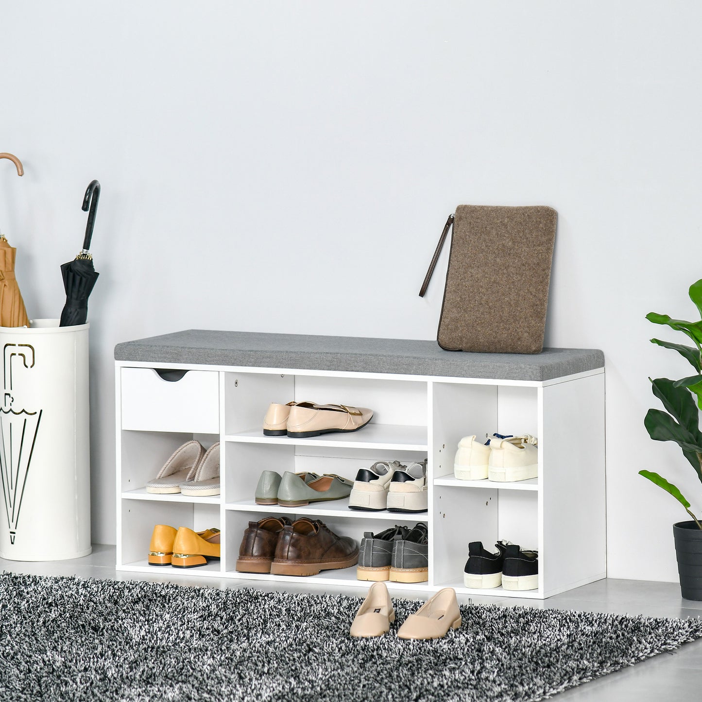 Shoe Storage Cabinet Bench w/ Cushion Adjustable Shelves White