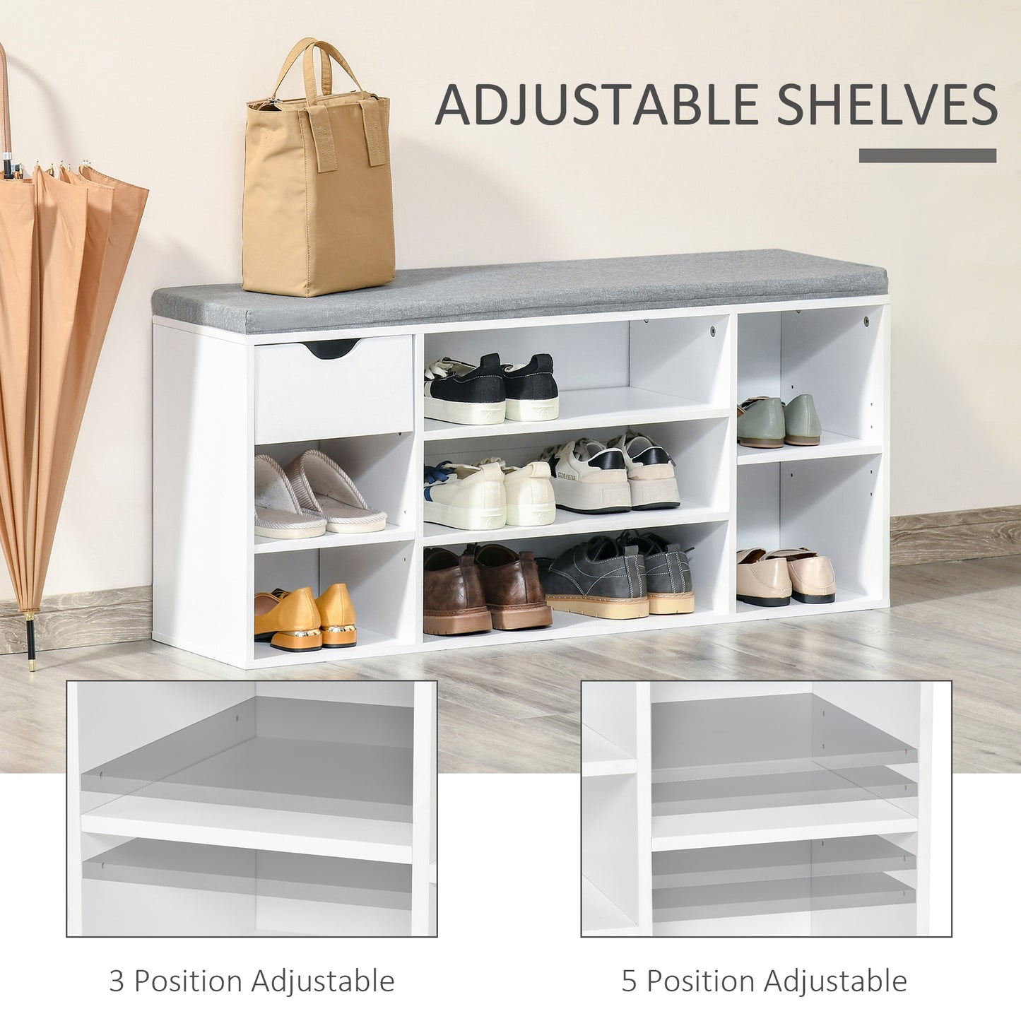 Shoe Storage Cabinet Bench w/ Cushion Adjustable Shelves White