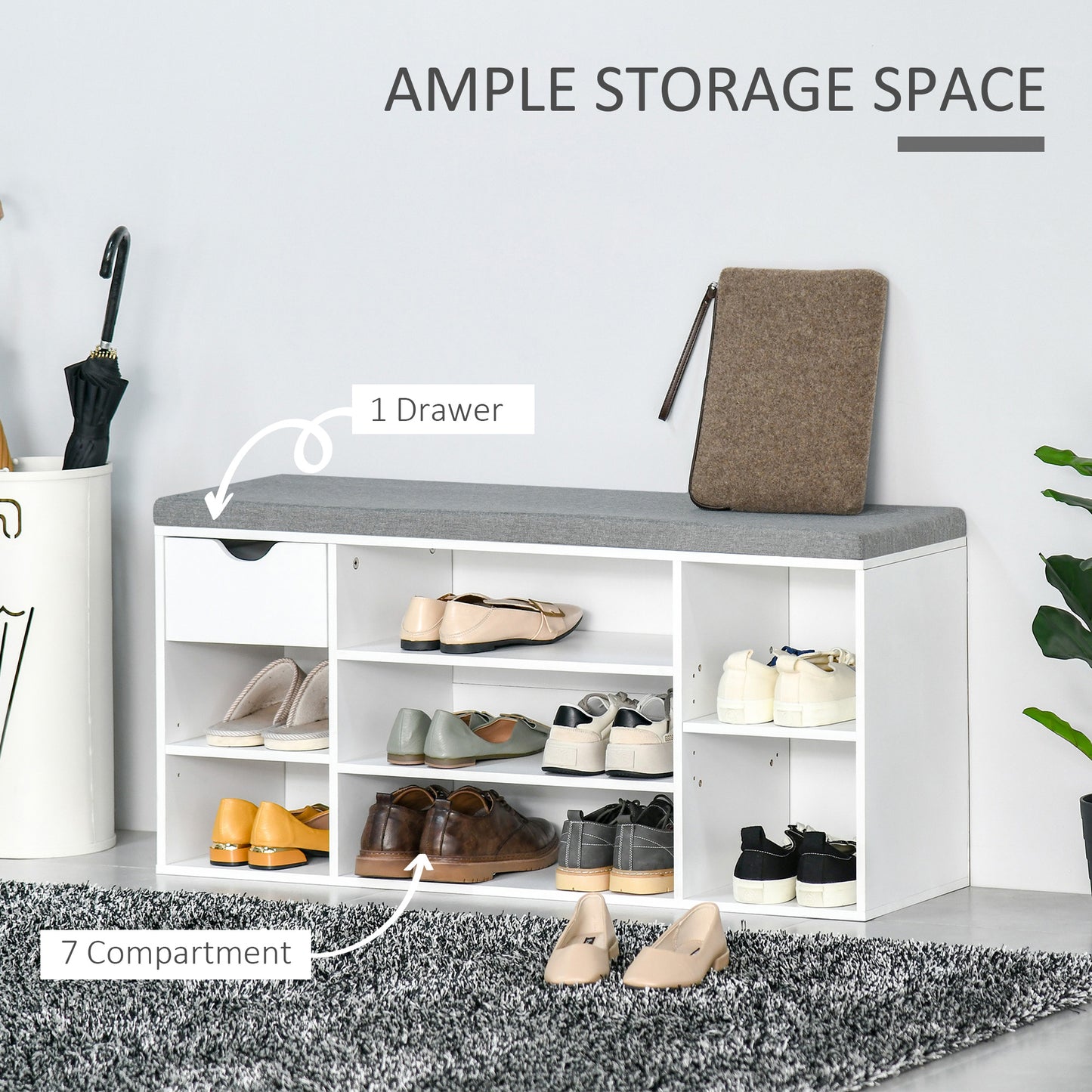 Shoe Storage Cabinet Bench w/ Cushion Adjustable Shelves White