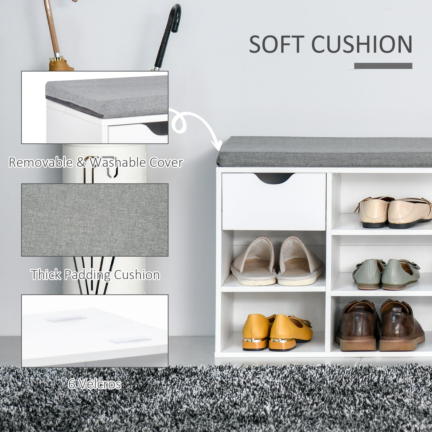 Shoe Storage Cabinet Bench w/ Cushion Adjustable Shelves White