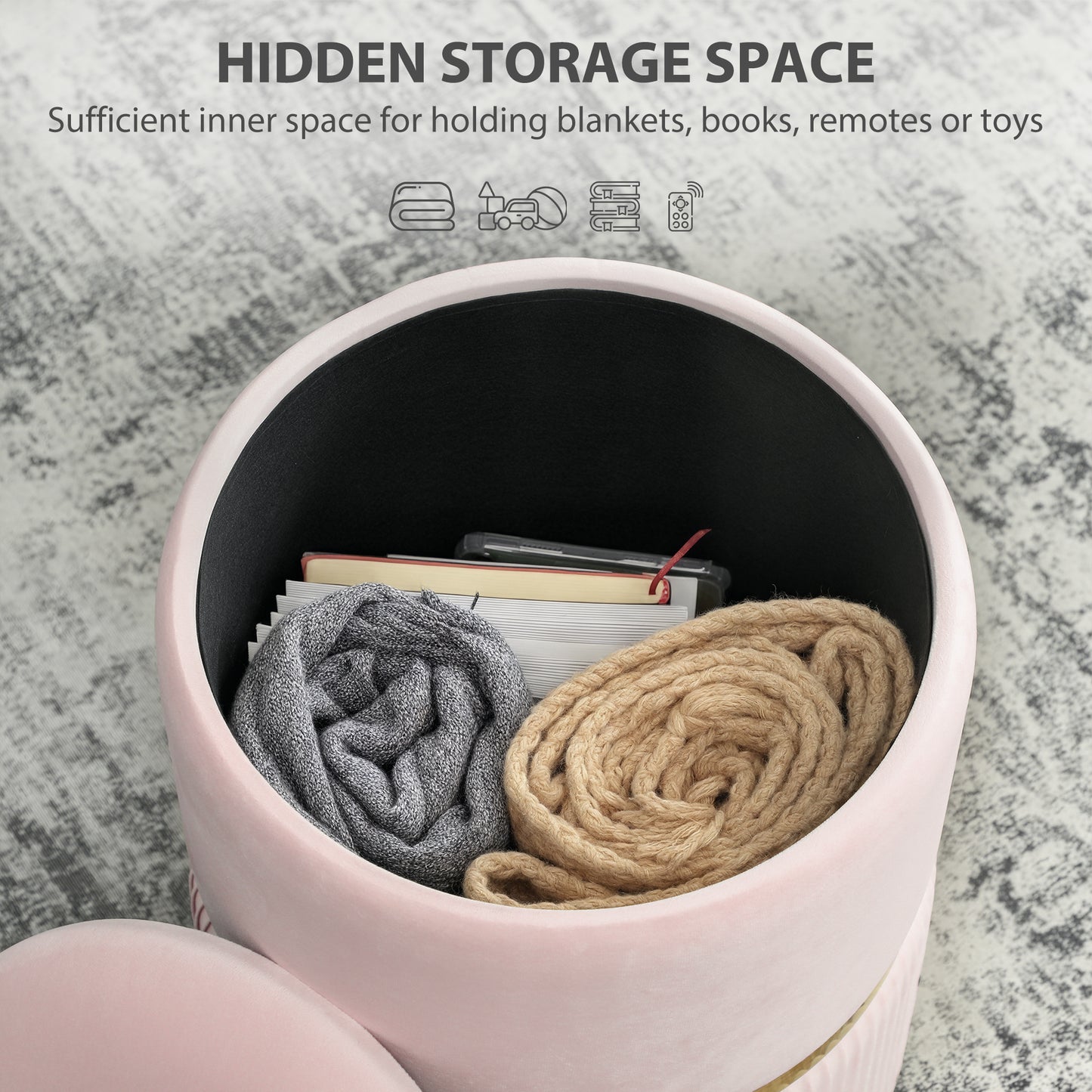 Round Pouffe Storage Footstool with Hidden Space, Pink