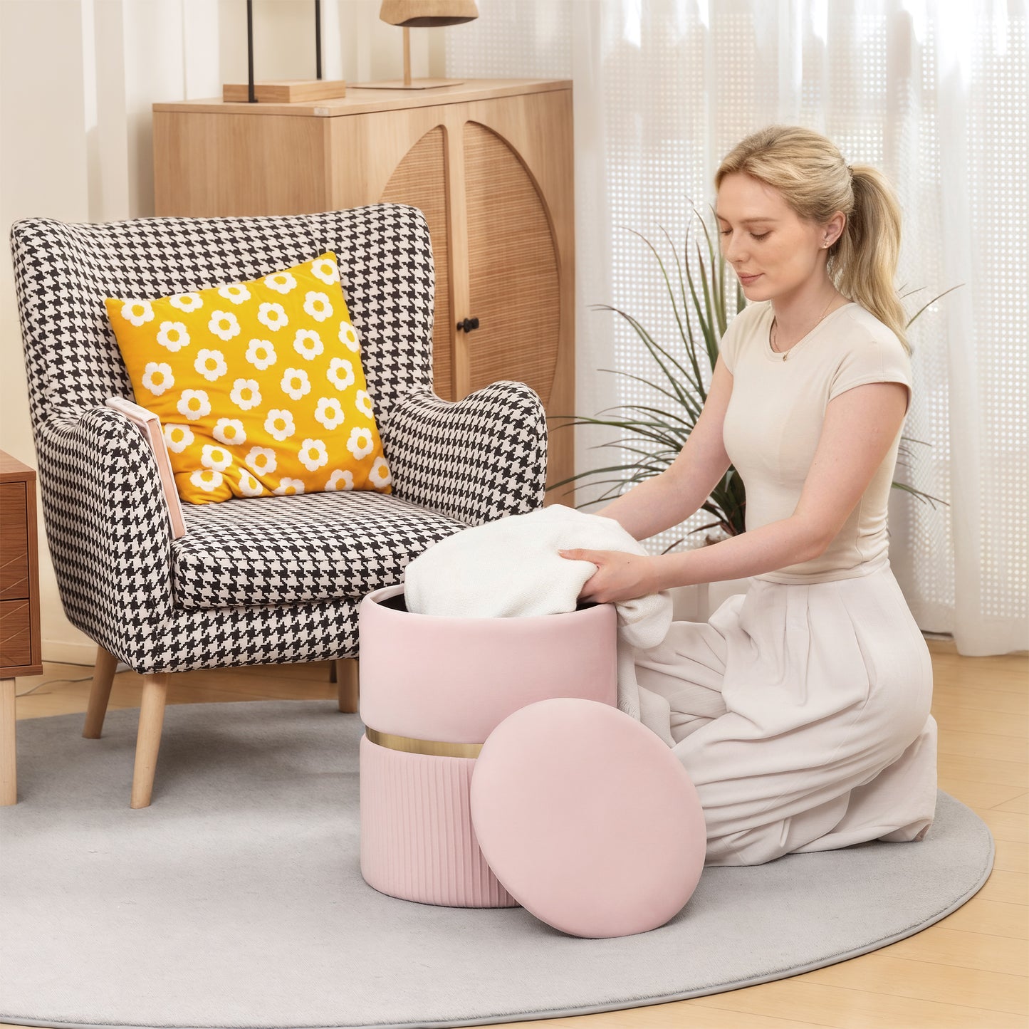 Round Pouffe Storage Footstool with Hidden Space, Pink