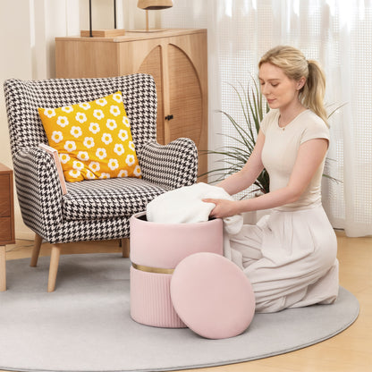 Round Pouffe Storage Footstool with Hidden Space, Pink