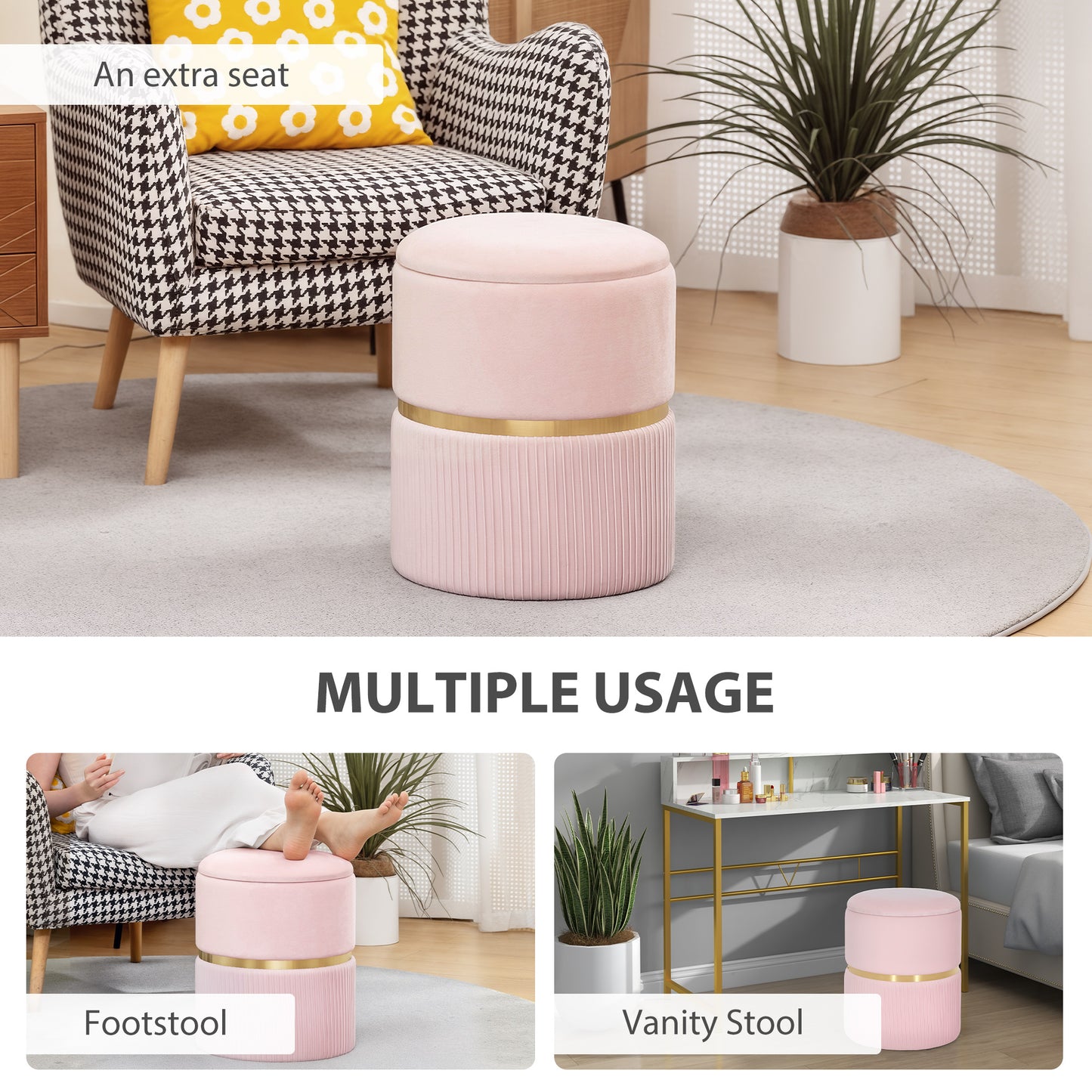 Round Pouffe Storage Footstool with Hidden Space, Pink