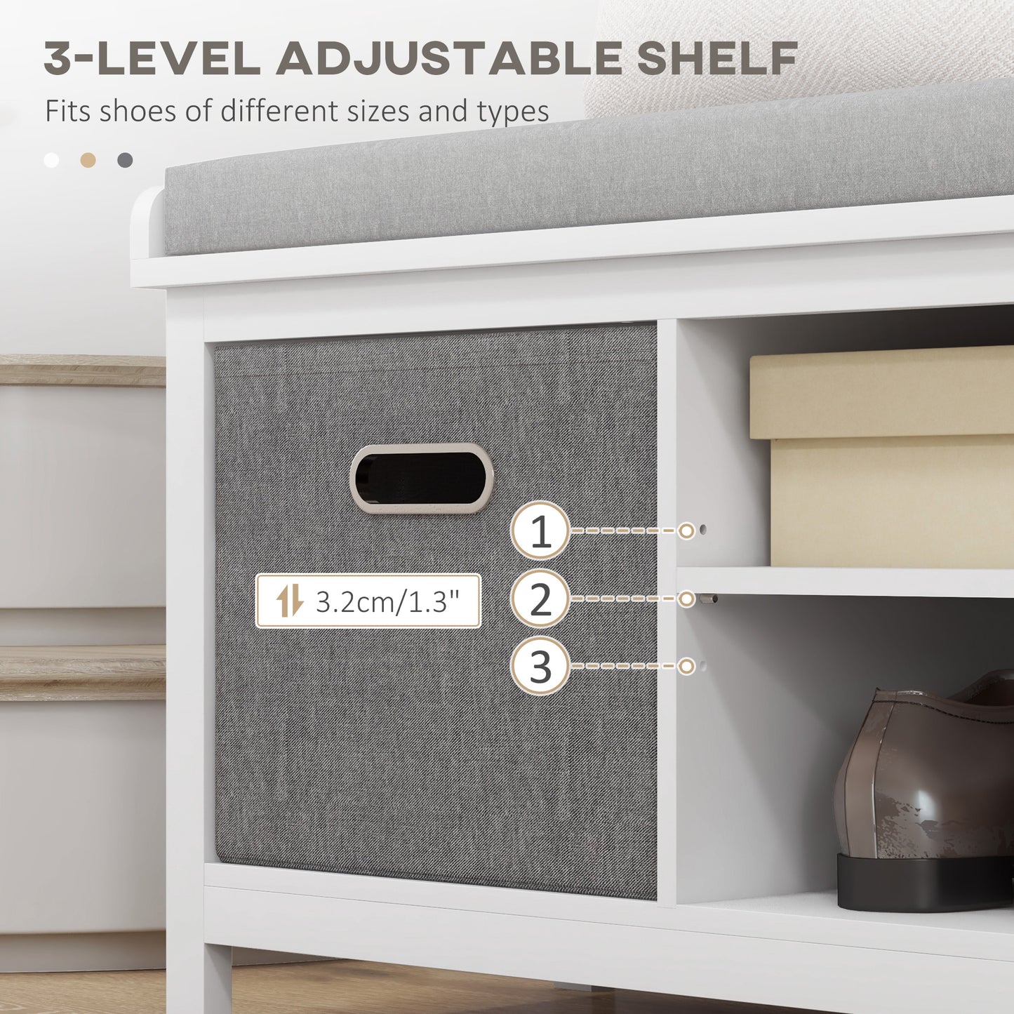 Shoe Bench with Cushioned Seat Fabric Drawers for Entryway Hallway White