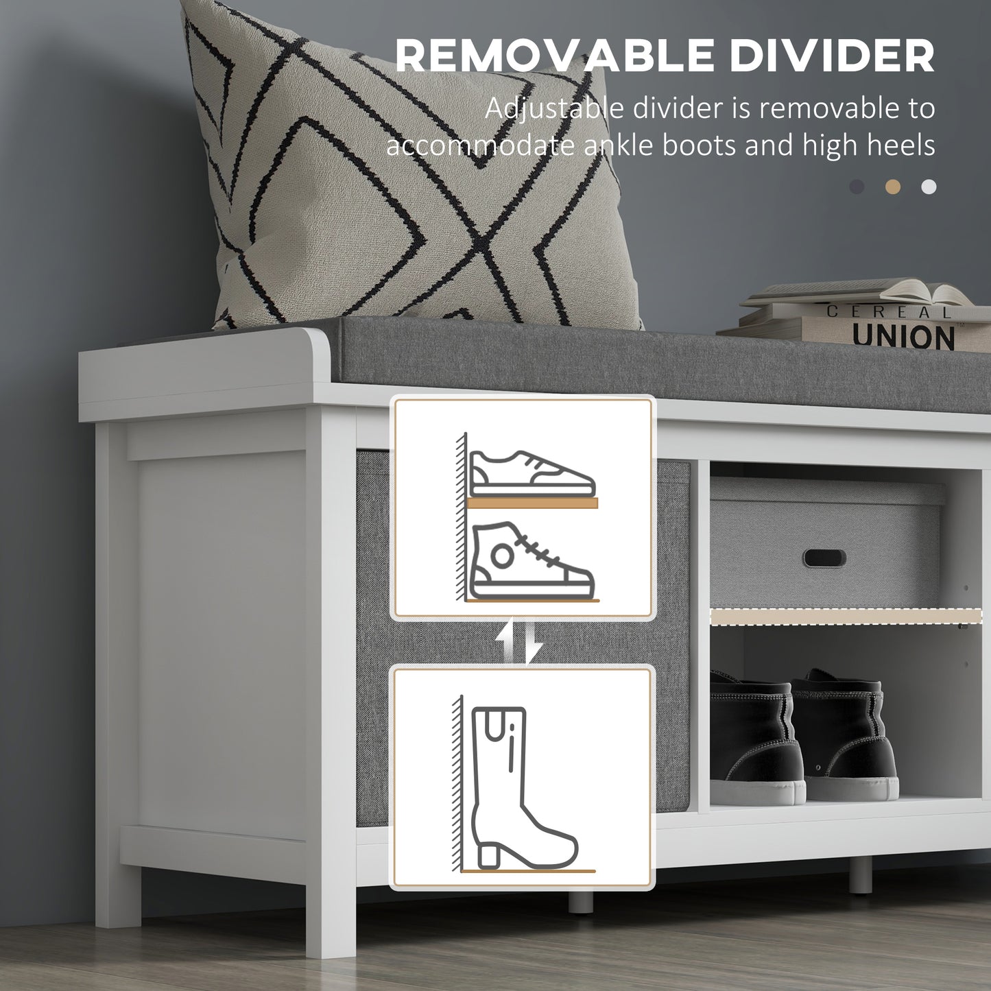 Shoe Bench with Cushioned Seat Fabric Drawers for Entryway Hallway White