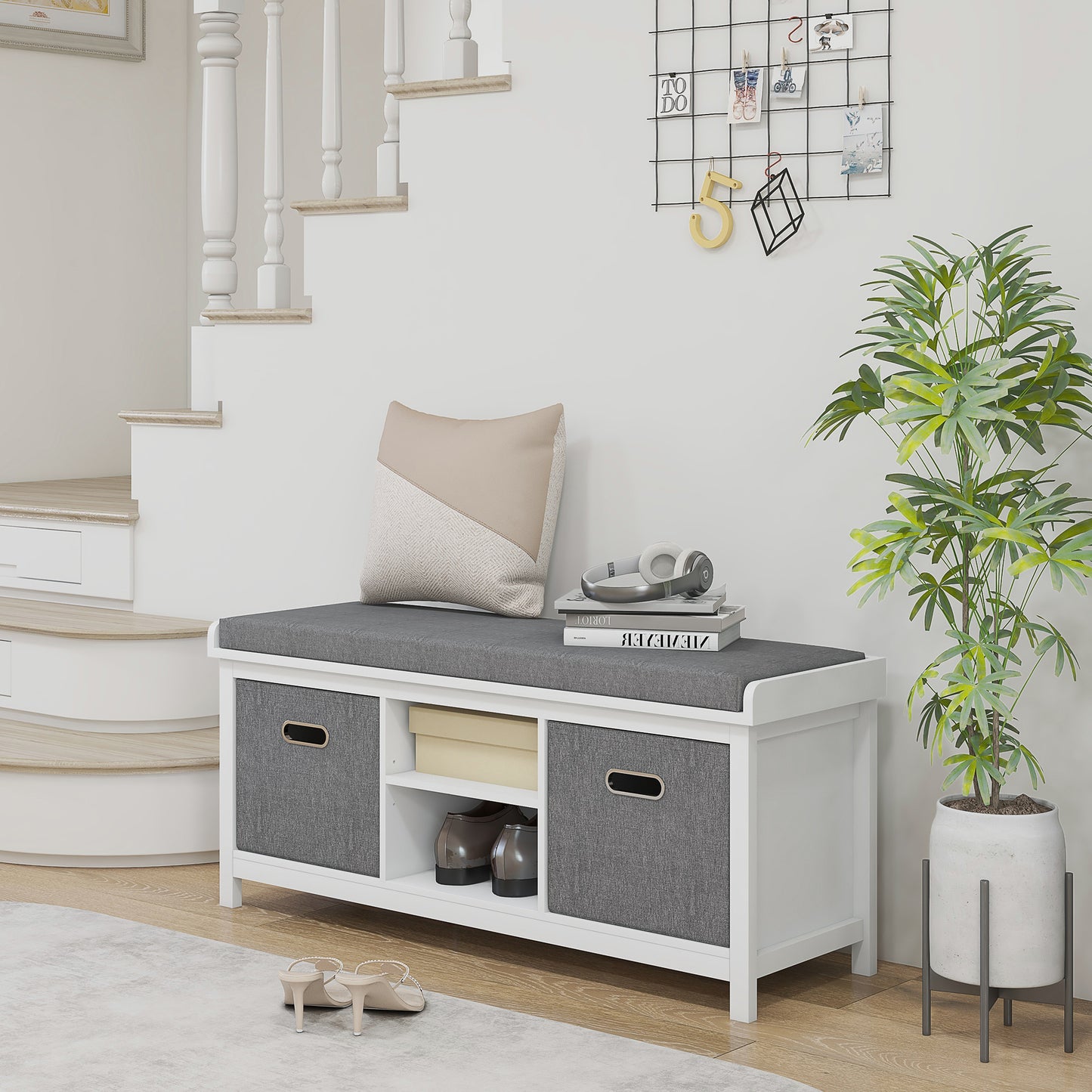 Shoe Bench with Cushioned Seat Fabric Drawers for Entryway Hallway White