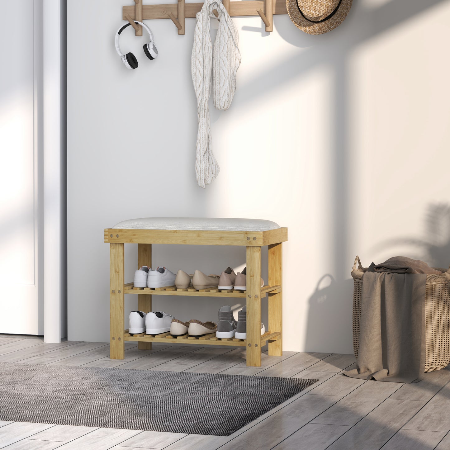 3-Tier Shoe Storage Bench, Bamboo Shoe Rack for Entryway, Cream