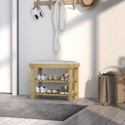 3-Tier Shoe Storage Bench, Bamboo Shoe Rack for Entryway, Cream