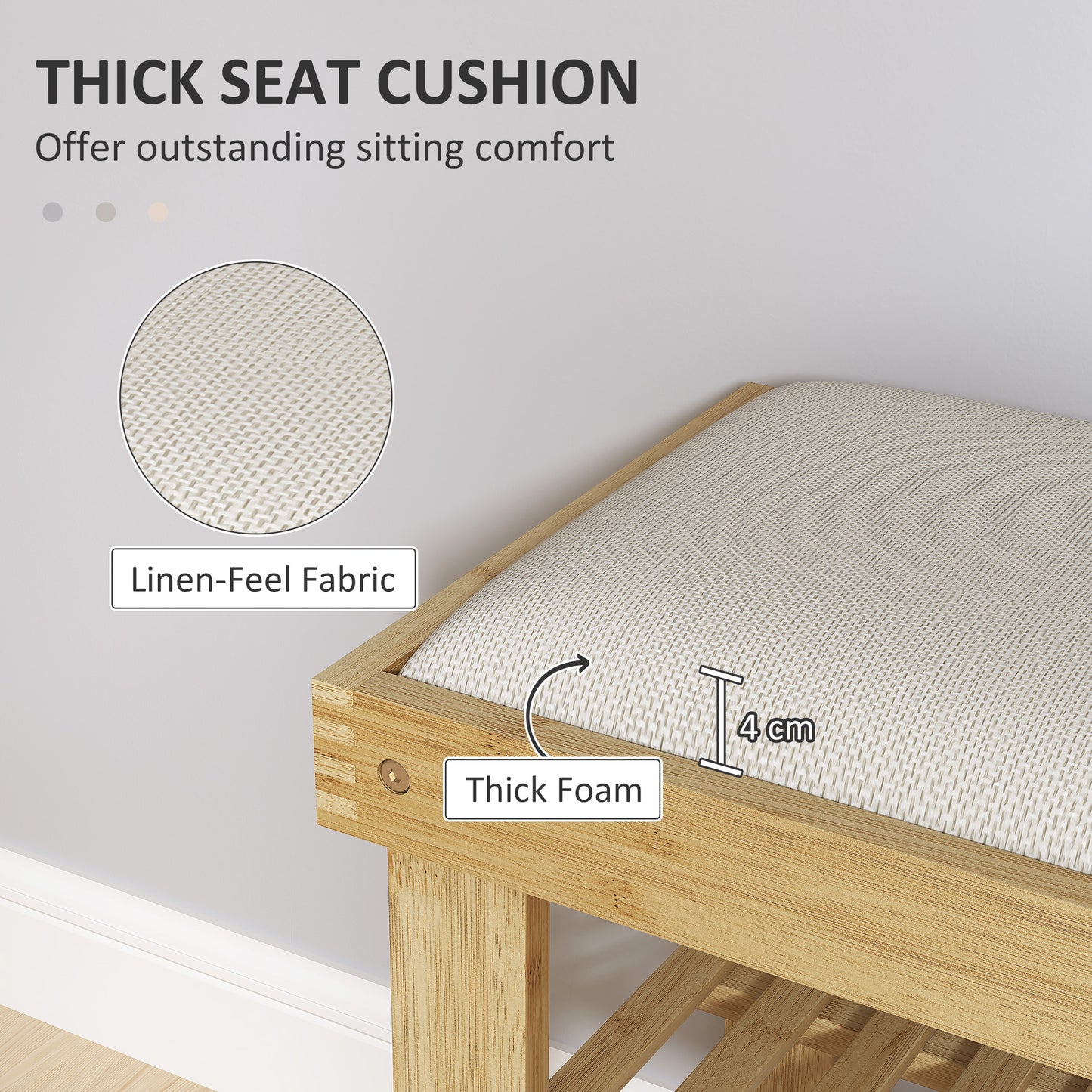 3-Tier Shoe Storage Bench, Bamboo Shoe Rack for Entryway, Cream