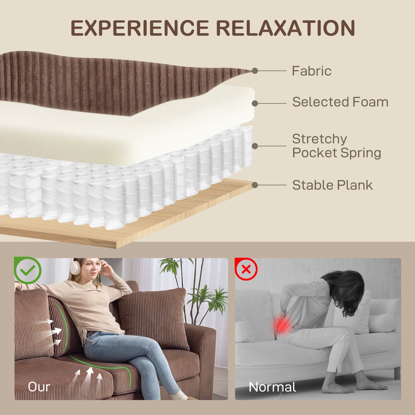Modern 3 Seater Sofa with Spring Cushion, Upholstered Corduroy Settee for Living Room, Coffee