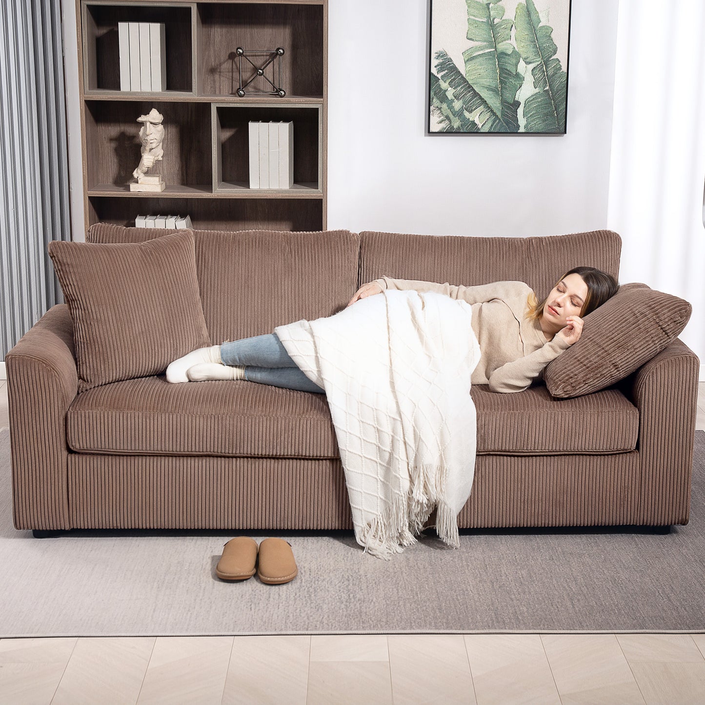 Modern 3 Seater Sofa with Spring Cushion, Upholstered Corduroy Settee for Living Room, Coffee