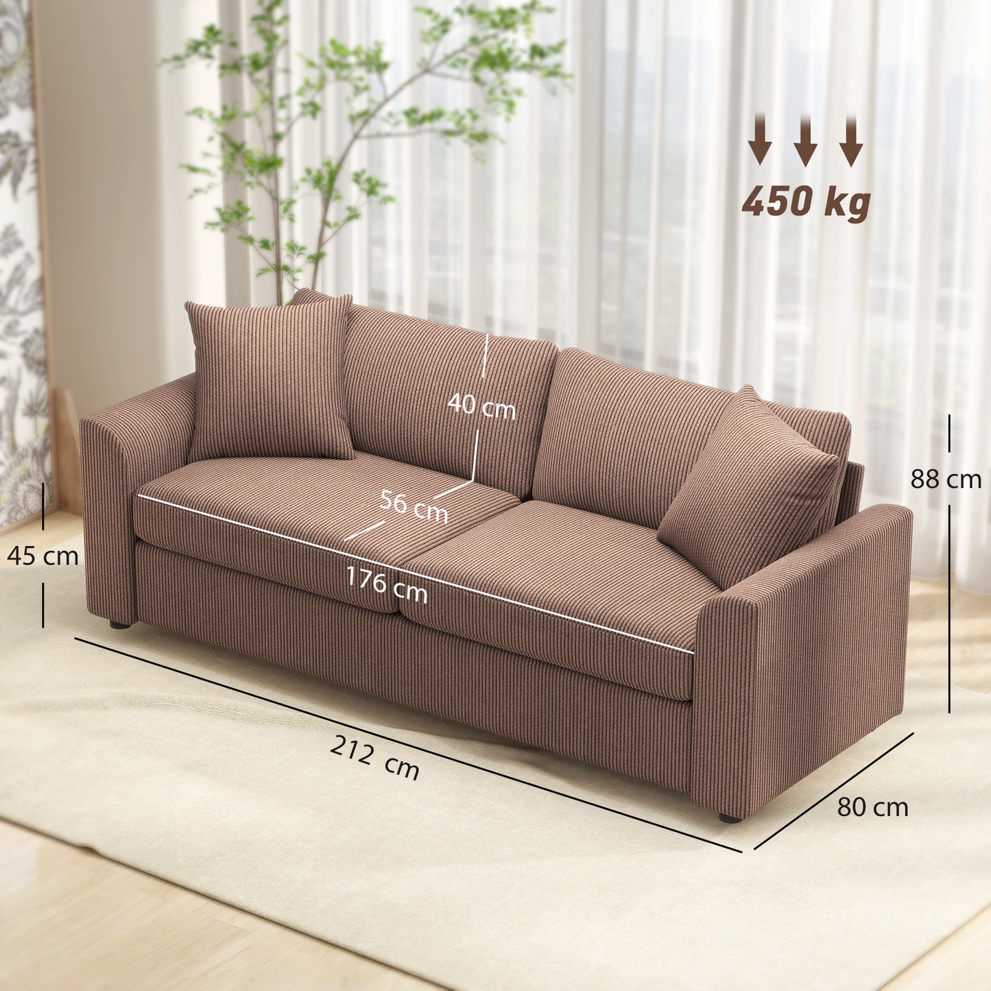 Modern 3 Seater Sofa with Spring Cushion, Upholstered Corduroy Settee for Living Room, Coffee