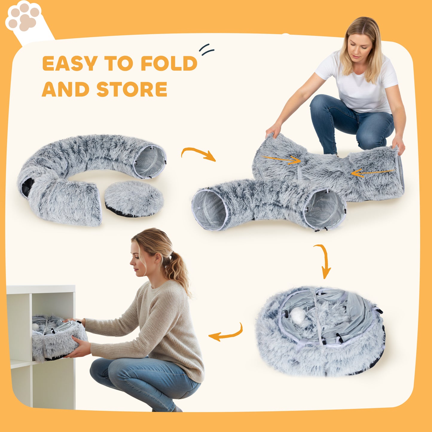 Cat Tunnel for Indoor Cats, 90cm Large Donut Play Tunnel Bed with Washable Cushion, Toy Ball and Door Hole, Pet Play Rabbit Tube Toy, Light Grey