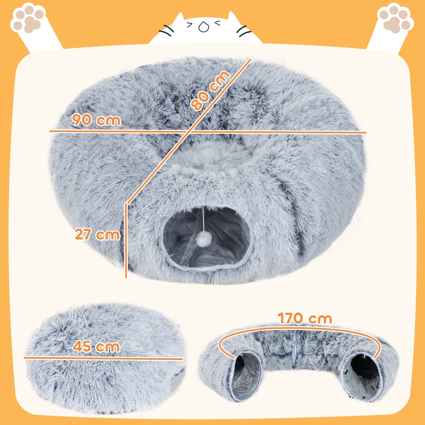 Cat Tunnel for Indoor Cats, 90cm Large Donut Play Tunnel Bed with Washable Cushion, Toy Ball and Door Hole, Pet Play Rabbit Tube Toy, Light Grey