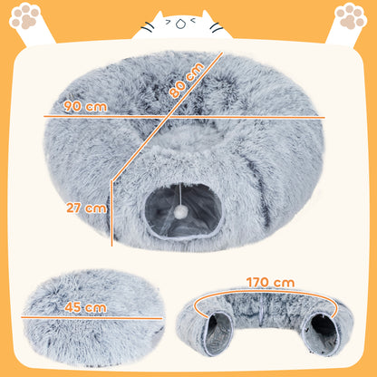 Cat Tunnel for Indoor Cats, 90cm Large Donut Play Tunnel Bed with Washable Cushion, Toy Ball and Door Hole, Pet Play Rabbit Tube Toy, Light Grey